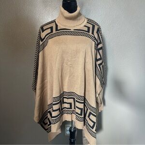 Chic Tan and Black Geometric Turtleneck Sweater